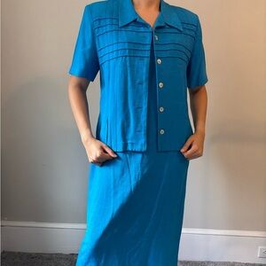 Vintage Y2K Turquoise‎ Rayon Boho 2 Piece Set Maxi Dress Shell Buttons - Medium